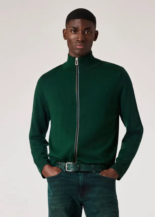 Green Merino Wool Zip Cardigan