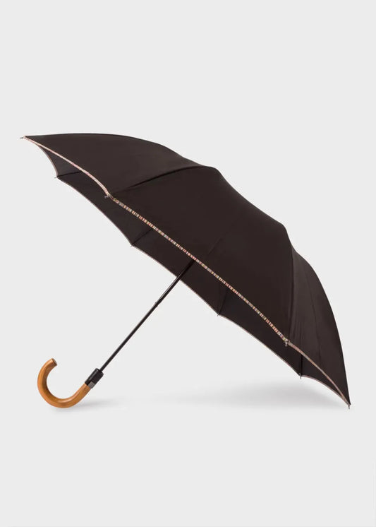 Black 'Signature Stripe' Border Compact Umbrella With Crook Wooden Handle